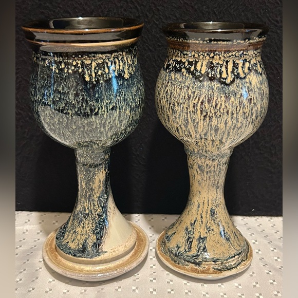 Other - 2 Hand Thrown Stoneware Studio Pottery Pedestal Chalice Cup Goblet Blue Brown